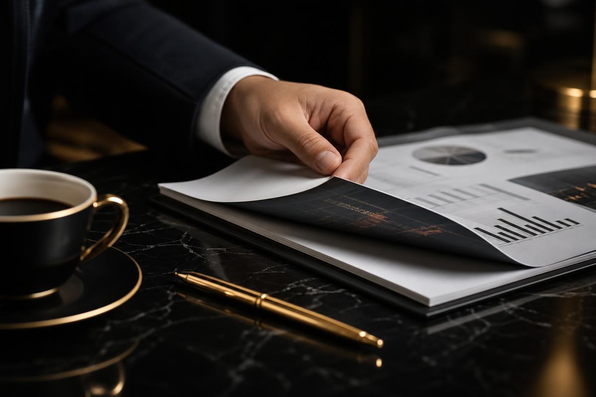 Executive reviewing a financial report at a marble desk